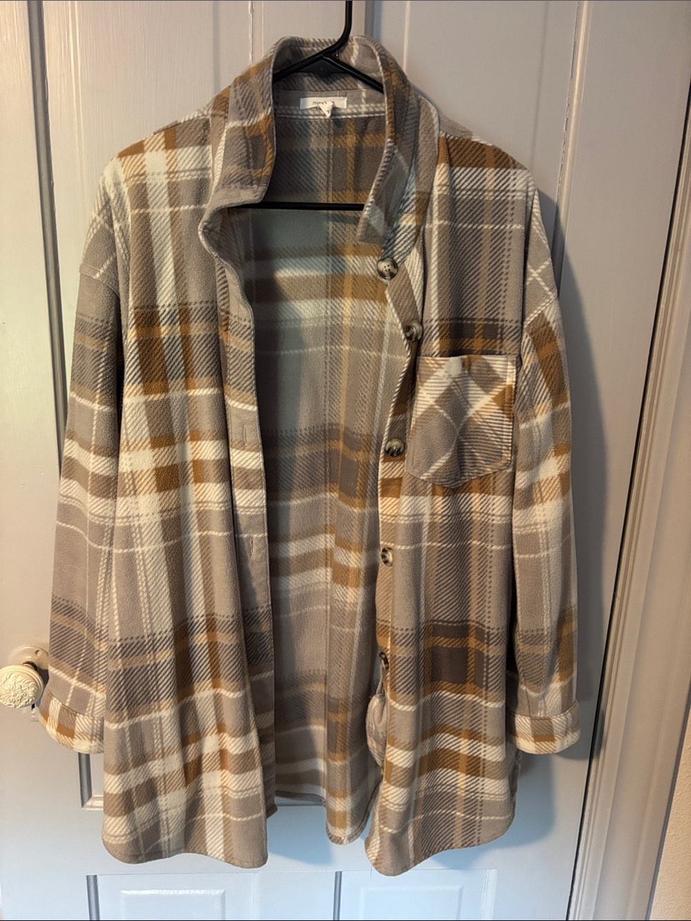Plaid Button-Front Fleece Top Taupe and Cream